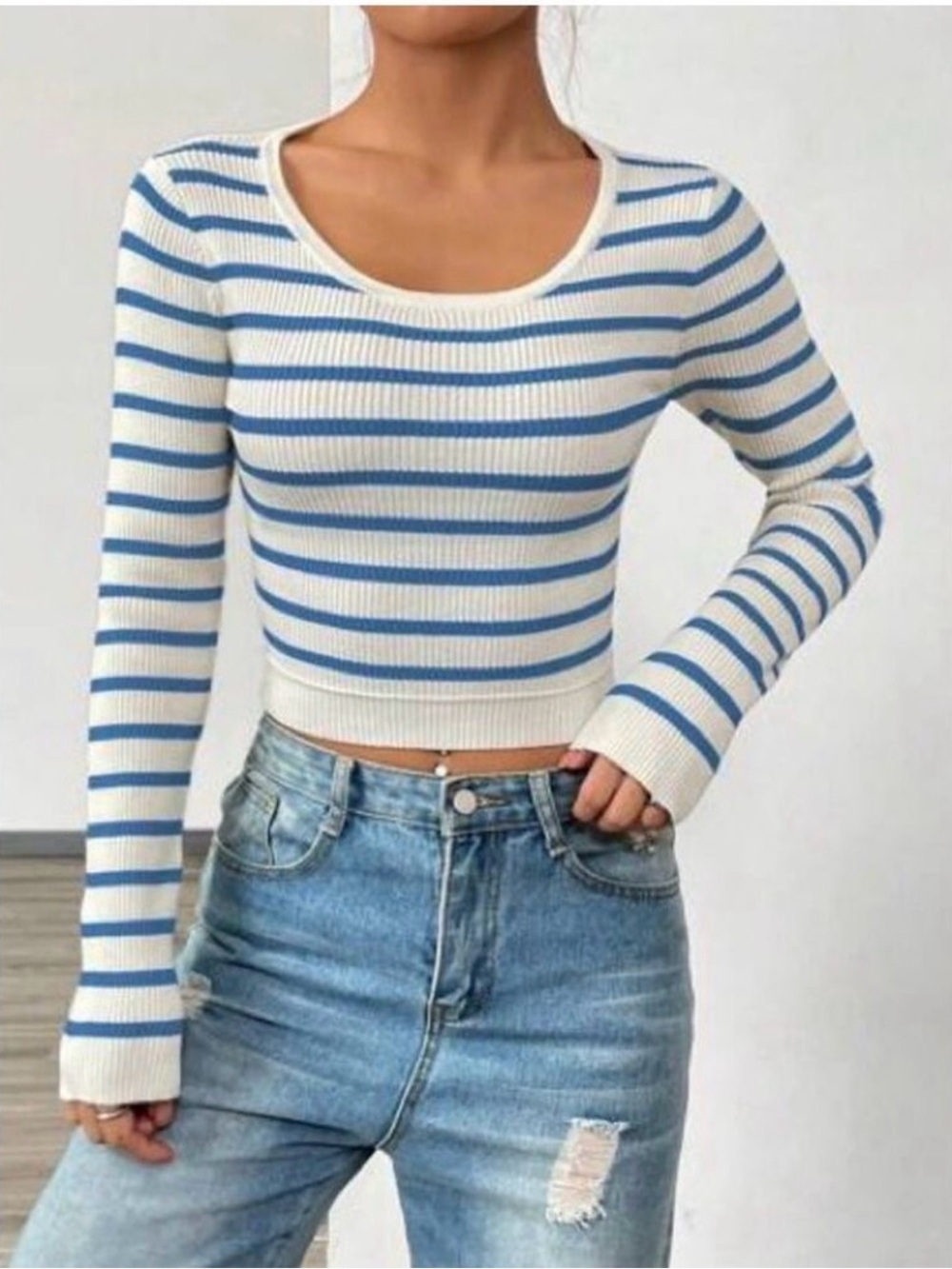 SHEIN Striped White and Blue Ribbed Knit Crop Sweater